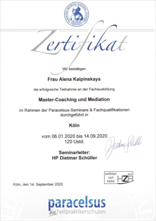 Zertifikat Master Coaching und Mediation