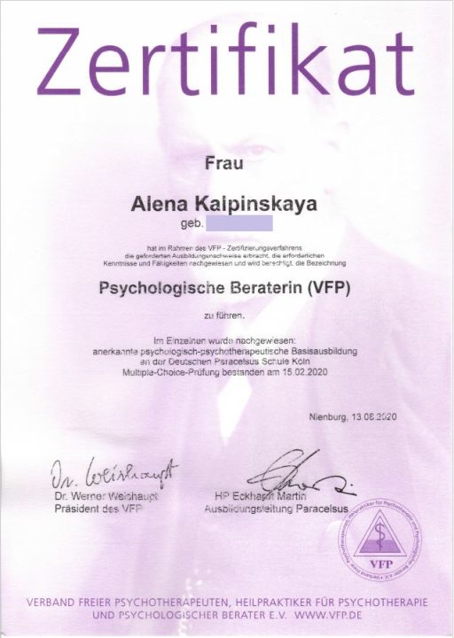 Zertifikat Psychologische Beraterin (VFP)